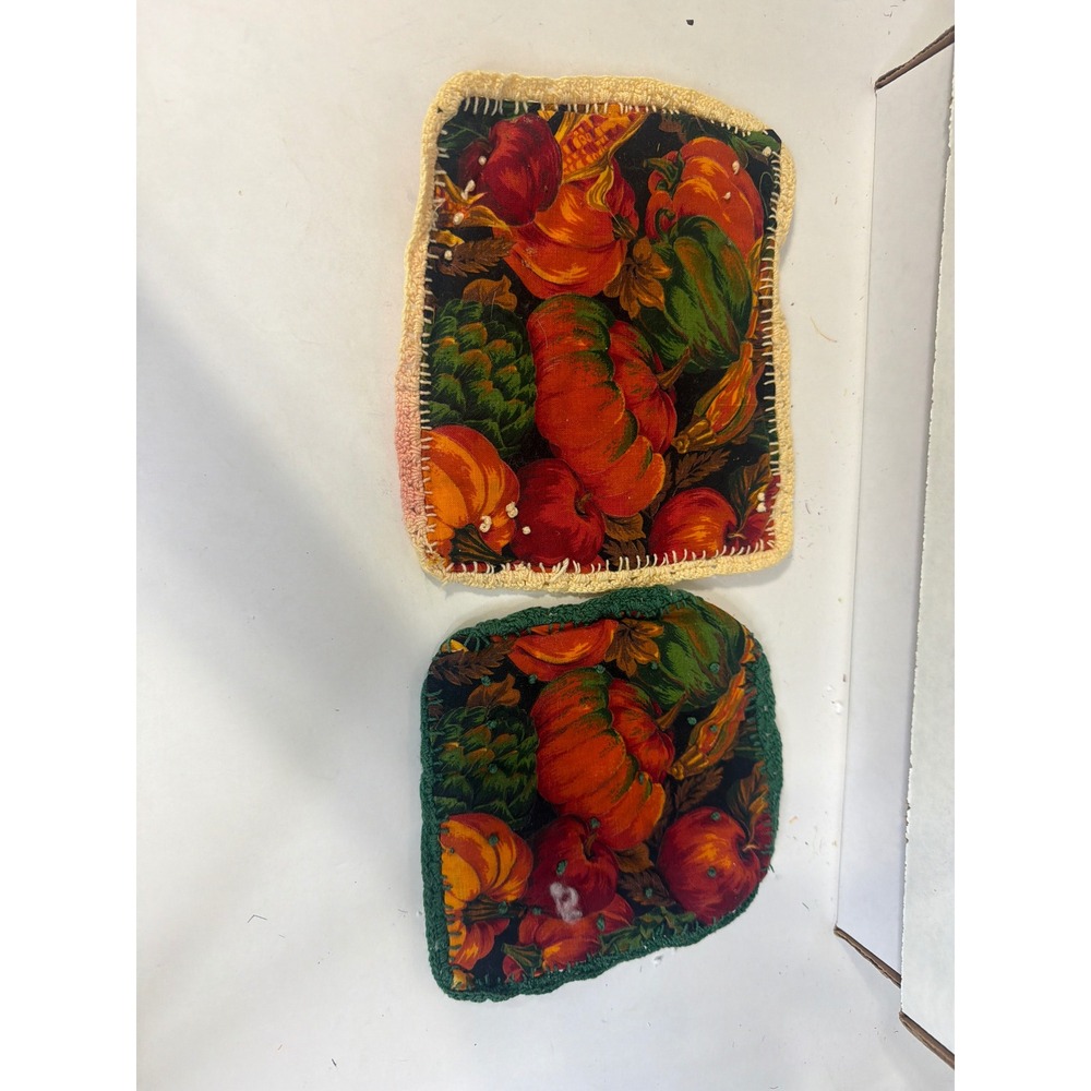 Handmade Pumpkin Harvest Pot Holder Set 2pc Crochet Trim Autumn Thanksgiving